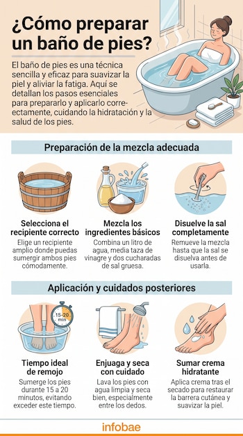 Infografía con ilustraciones que detallan los pasos para preparar un baño de pies con vinagre y sal, junto con pautas de remojo e hidratación.