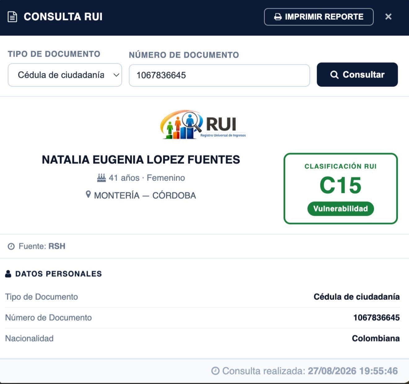 La consulta del RUI realizada el 27 de agosto de 2026 muestra a López Fuentes en la categoría C15, correspondiente a “Vulnerabilidad”, según el documento divulgado por Sanguino - crédito @AntonioSanguino/X