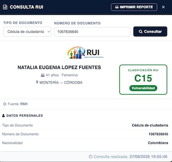 La consulta del RUI realizada el 27 de agosto de 2026 muestra a López Fuentes en la categoría C15, correspondiente a “Vulnerabilidad”, según el documento divulgado por Sanguino - crédito @AntonioSanguino/X