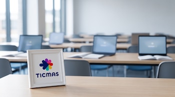 Un marco blanco con el logotipo de Ticmas sobre una mesa de madera y un aula al fondo con computadoras portátiles abiertas y sillas.