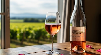 Copa de vino rosado y botella de Côtes de Provence sobre mesa de madera. Al fondo, viñedo verde, montañas y cielo azul a través de una ventana.