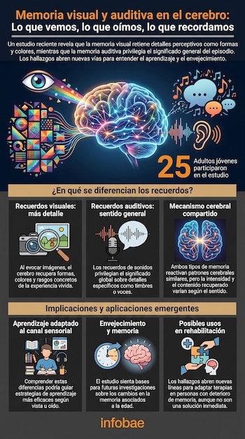 Infografía con cerebro, ojo, oído, ondas de sonido, burbujas de diálogo, cámara, micrófono, estudiante, libros, reloj, rompecabezas, texto.