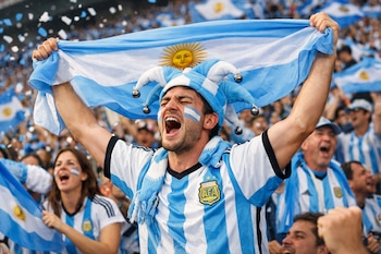 Hombre con camiseta de fútbol argentina, gorro de bufón y pintura facial, ondea la bandera nacional con brazos alzados y boca abierta en el estadio.