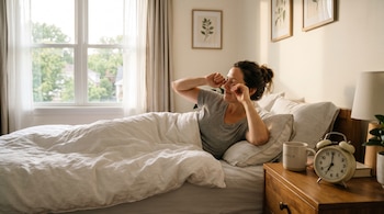 Una mujer recostada en una cama se frota los ojos junto a una mesa con una taza, una lámpara y un reloj despertador.