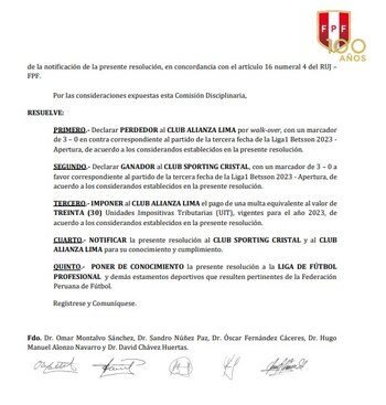 Resolución de la Comisión Disciplinaria