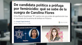 Pantalla de computadora mostrando un artículo de noticias en español con titulares sobre un feminicidio, una foto de Erika María Guadalupe y una ilustración de Carolina Flores.