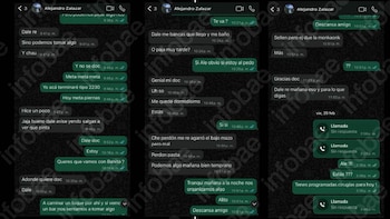 Tres capturas de pantalla de chats de WhatsApp en un fondo oscuro, con mensajes en español e identificando al usuario como Alejandro Salazar