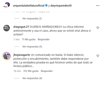 La indignación de los seguidores de 'La Bella Luz' tras el comunicado de la orquesta ante de la denuncia de tocamientos por parte de Naldy Saldaña. IG.