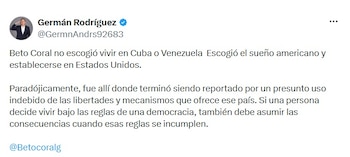 El senador electo Germán Rodríguez, mayor retirado de la Infantería de Marina, arremetió contra el activista político Franklin Humberto Coral Garrido, más conocido como “Beto” Coral, después de que este último fuera deportado a Colombia desde Estados Unidos - crédito @GermnAndrs92683/X