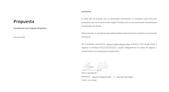Documento en papel blanco con el título 'Propuesta' y 'Sociedad de Islas Vírgenes Británicas', que incluye texto en español y dos firmas manuscritas