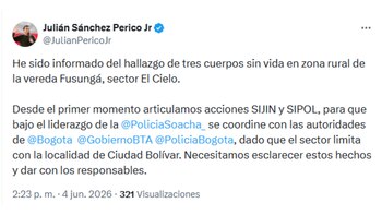 Alcalde de Soacha sobre el hallazgo de los tres cuerpo con señales de violencia - crédito @JulianPericoJr/X