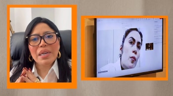 Dos marcos naranjas, el izquierdo con una mujer de cabello oscuro, lentes y camisa blanca, y el derecho con una pantalla que muestra el rostro de otra mujer.