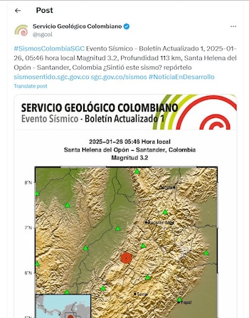 Servicio Geológica Colombiano informa de