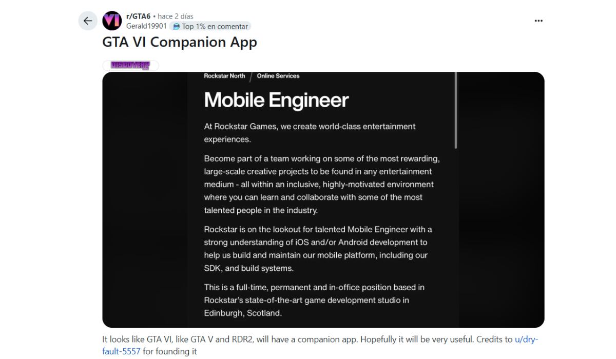 La vacante sería de Rockstar Games y buscaría un ingeniero para móviles. (Reddit)
