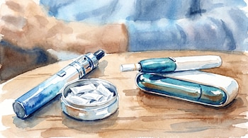 Ilustración en acuarela de un vapeador plateado y azul, un recipiente metálico con bolsas blancas de nicotina y un dispositivo de tabaco calentado, sobre un fondo abstracto.