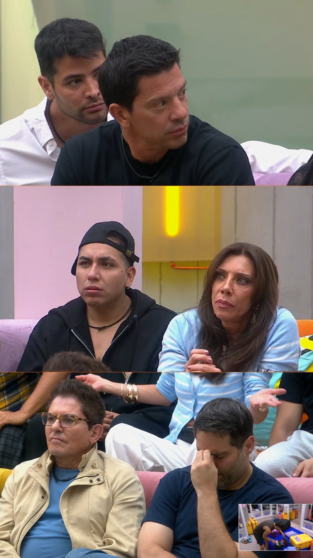 Yahir, Cynthia Klitbo y otros participantes de La Casa de los Famosos México reaccionan durante una discusión por las responsabilidades. (YouTube: La Casa de los Famosos México)
