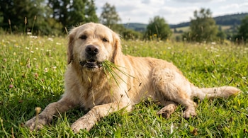 Un perro golden retriever de pelaje claro yace en un campo verde lleno de pasto alto y pequeñas flores, con un manojo de pasto en su boca.