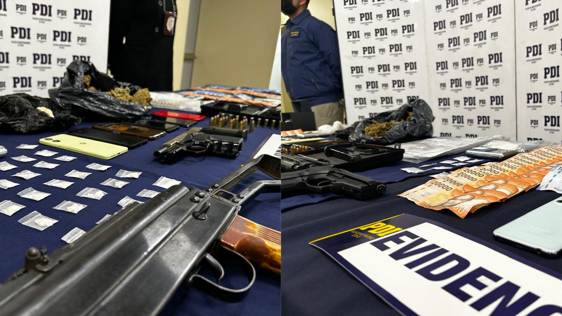 Durante los allanamientos, que afectaron 33 inmuebles, se decomisaron armas, municiones, clorhidrato de cocaína, ketamina y otros estupefacientes. (Foto: PDI Araucania)