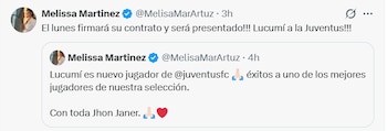 El anuncio de la periodista Melisa Martínez sobre la llegada de John Lucumi a la Juventus de Italia - crédito @MelisaMarArtuz/X