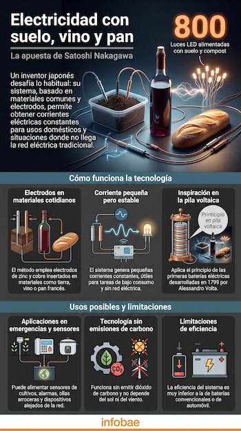 Infografía sobre generación eléctrica con tierra, vino y pan, mostrando diagramas de electrodos, circuitos, pila voltaica y sus aplicaciones con iconos.