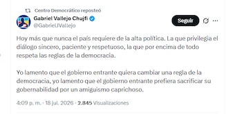 El director del Centro Democrático, Gabriel Vallejo Chujfi, señaló al Gobierno de Abelardo de la Espriella de "sacrificar su gobernabilidad por un amiguismo caprichoso" - crédito @GabrielJVallejo/X