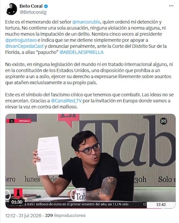 El activista político Beto Coral exhibió un memorando que atribuye al secretario de Estado Marco Rubio y sostuvo que ese documento ordenó su detención sin describir delito o falta - crédito @Betocoralg/X