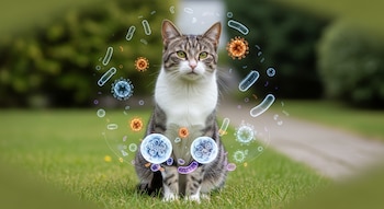 Un gato atigrado gris y blanco se sienta en el césped de un jardín, con ilustraciones de microorganismos flotando a su alrededor en un fondo verde borroso.