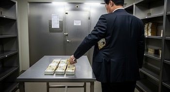 Hombre de traje guarda fajos de billetes de wones surcoreanos en el bolsillo. Mesa metálica con dinero y estanterías vacías en una cámara acorazada.