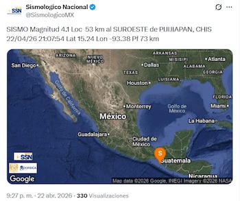 Sismo 4.1 en Chiapas (X/ @SismologicoMX)
