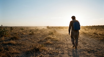 Una persona camina de espaldas por un camino de tierra con un bidón azul en la espalda en un terreno árido y soleado.