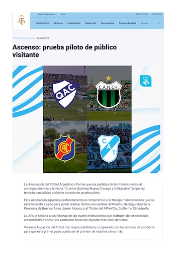 Comunicado AFA visitantes Primera Nacional