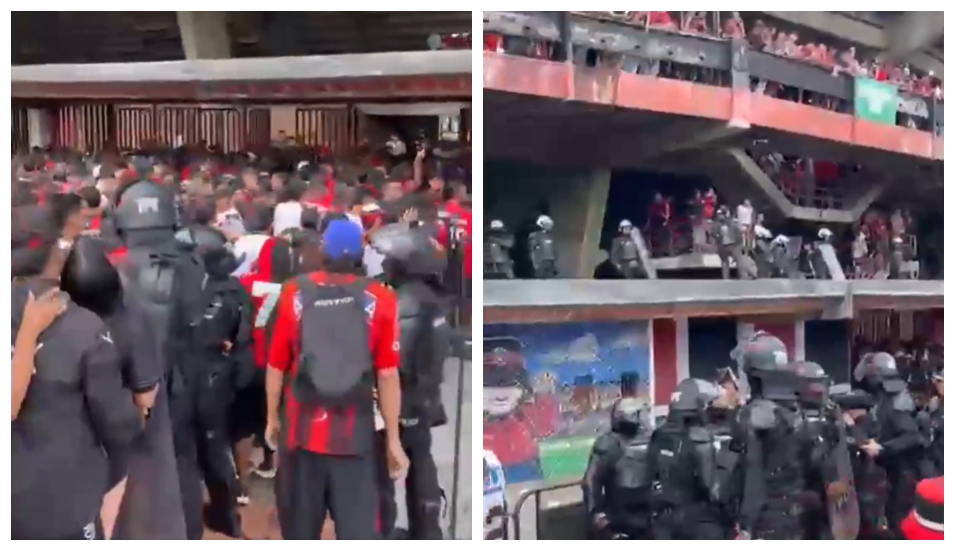 Una unidad del Esmad hizo presencia en el estadio General Santander por los hinchas que saltaron las vallas de seguridad y entraron al estadio General Santander - crédito Captura de video @laopinion_col/X