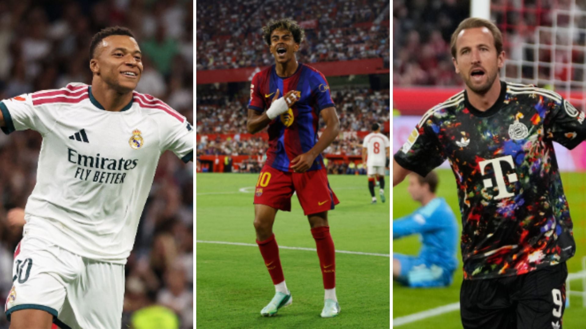 Lamine Yamal, Kylian Mbappé y Harry Kane, los tres favoritos al Balón de Oro. (Composición Infobae)