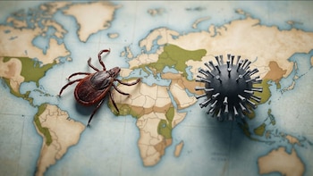 Un mapa del mundo con una maqueta de garrapata a la izquierda y la representación de una partícula viral con espículas a la derecha