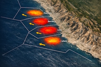 Mapa costero de Perú con océano Pacífico, costa rocosa y cuatro zonas de riesgo sísmico resaltadas en rojo y naranja, con flechas amarillas y nombres de ciudades.