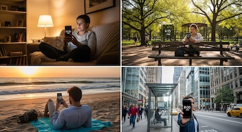 Cuatro imágenes muestran a personas mirando la hora en sus teléfonos: una mujer en un sofá, una en un banco de parque, un hombre en una playa y una mujer en una parada de autobús.