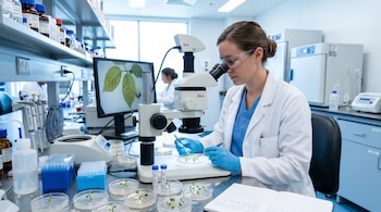 Una mujer con bata de laboratorio, gafas y guantes examina una placa de Petri con pinzas bajo un microscopio junto a una pantalla y tubos.