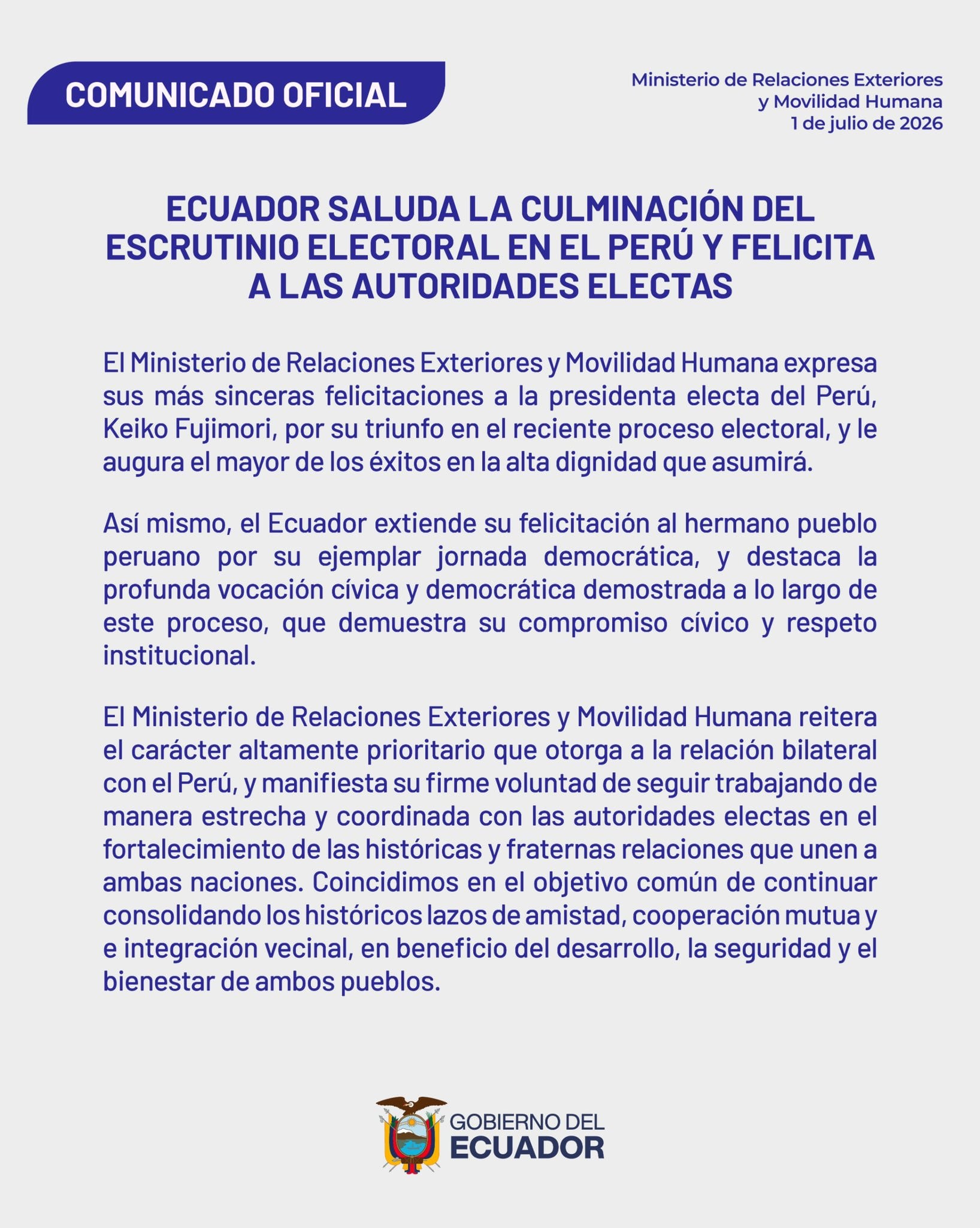 Mediante un comunicado oficial, el Ministerio de Relaciones Exteriores y Movilidad Humana de Ecuador felicita a Keiko Fujimori por su triunfo electoral en Perú. (X / Cancillería del Ecuador)