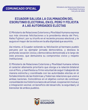 Declaração oficial do Ministério das Relações Exteriores e Direitos Humanos do Equador, com o texto das saudações pelas eleições no Peru e escudo