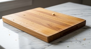 Una tabla de cocina rectangular de madera clara se apoya sobre una mesa de mármol blanco. Hay pequeñas migas y residuos de comida en ambas superficies.