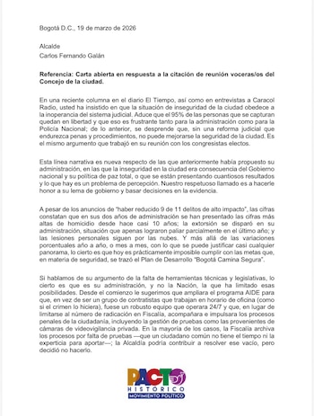 El llamado a la renuncia del secretario de Seguridad forma parte de las críticas a la gestión distrital - crédito Pacto Histórico