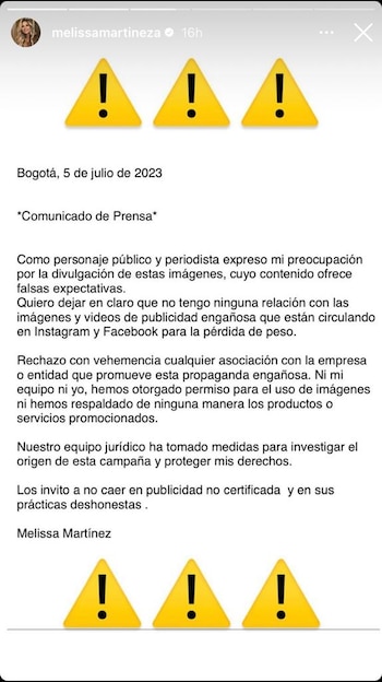 Comunicado sobre presunta estafa que usa la imagen de Melissa Martínez