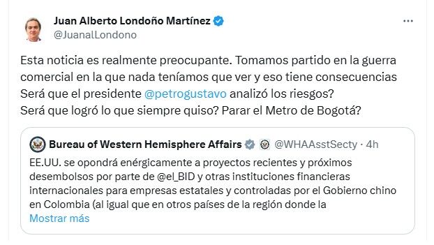 Juan Alberto Londoño, exviceministro de Hacienda, cree que el Gobierno Petro quiere parar el metro de Bogotá - crédito @JuanAlLondoño/X