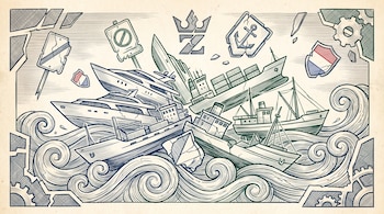 Múltiples barcos y yates colisionan entre carteles de prohibición rotos, símbolos de la Guardia Costera y un logo de corona sobre olas agitadas.