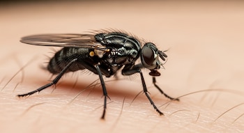 Macro de una mosca negra grande y oscura con ojos compuestos y alas translúcidas, posada sobre la piel humana de color beige con pequeños pelos.