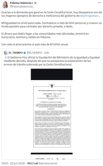 Paloma Valencia celebró la eliminación del Ministerio de la Igualdad y acusó al gobierno de Gustavo Petro de derroche - crédito @PalomaValenciaL/X