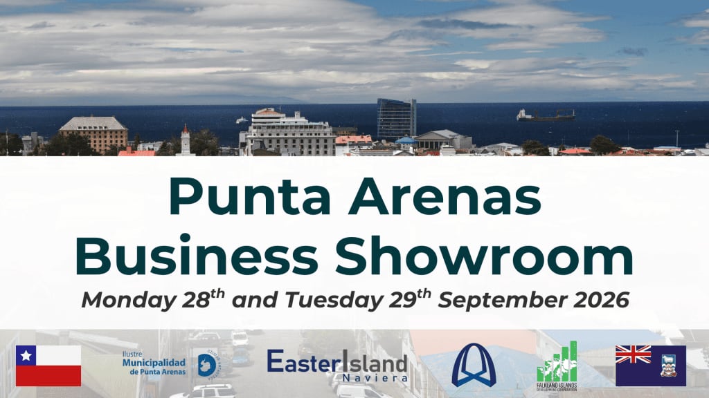 Un cartel que anuncia la realización del evento Punta Arenas Business Showroom para septiembre de 2026 en Chile