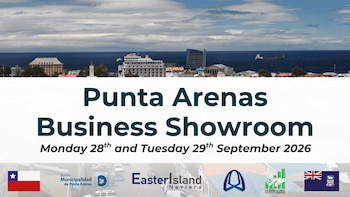 Afiche informativo con una vista panorámica urbana, el texto Punta Arenas Business Showroom, fechas del evento y logotipos institucionales
