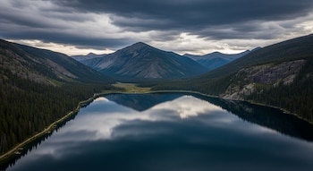 Vista aérea de un lago azul oscuro con reflejos del cielo nublado, rodeado de montañas empinadas cubiertas de pinos bajo nubes oscuras y dramáticas.
