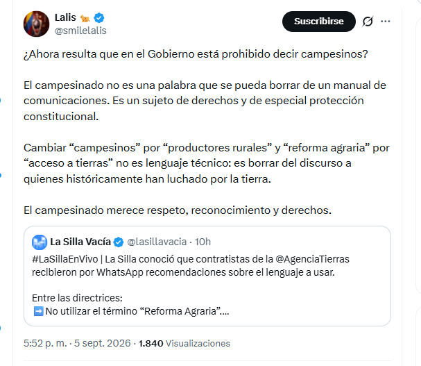 La congresista Lalis criticó directriz de la ANT que ordena reemplazar palabras como campesinos y reforma agraria - crédito @smilelalis/X